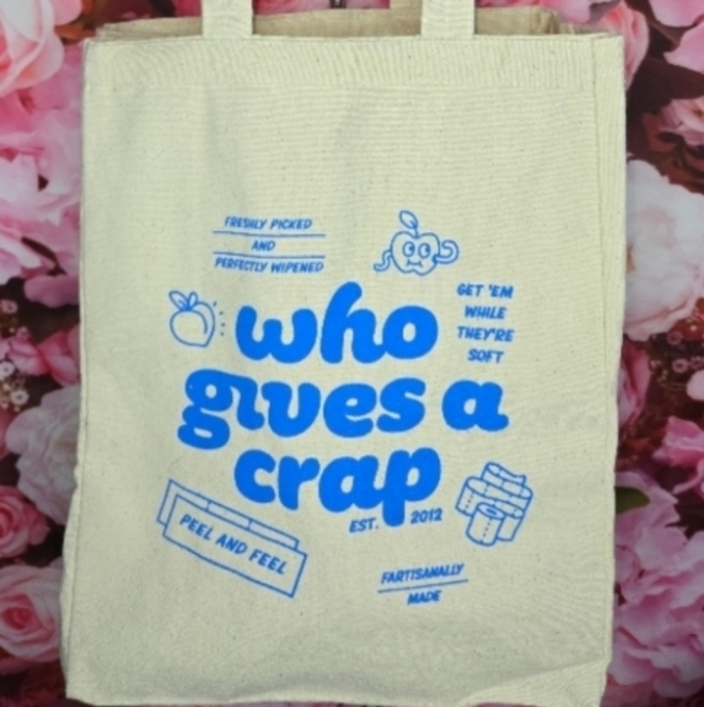 Who Gives a Crap Eco-Friendly Cream Tote Bag with blue graphics NEW